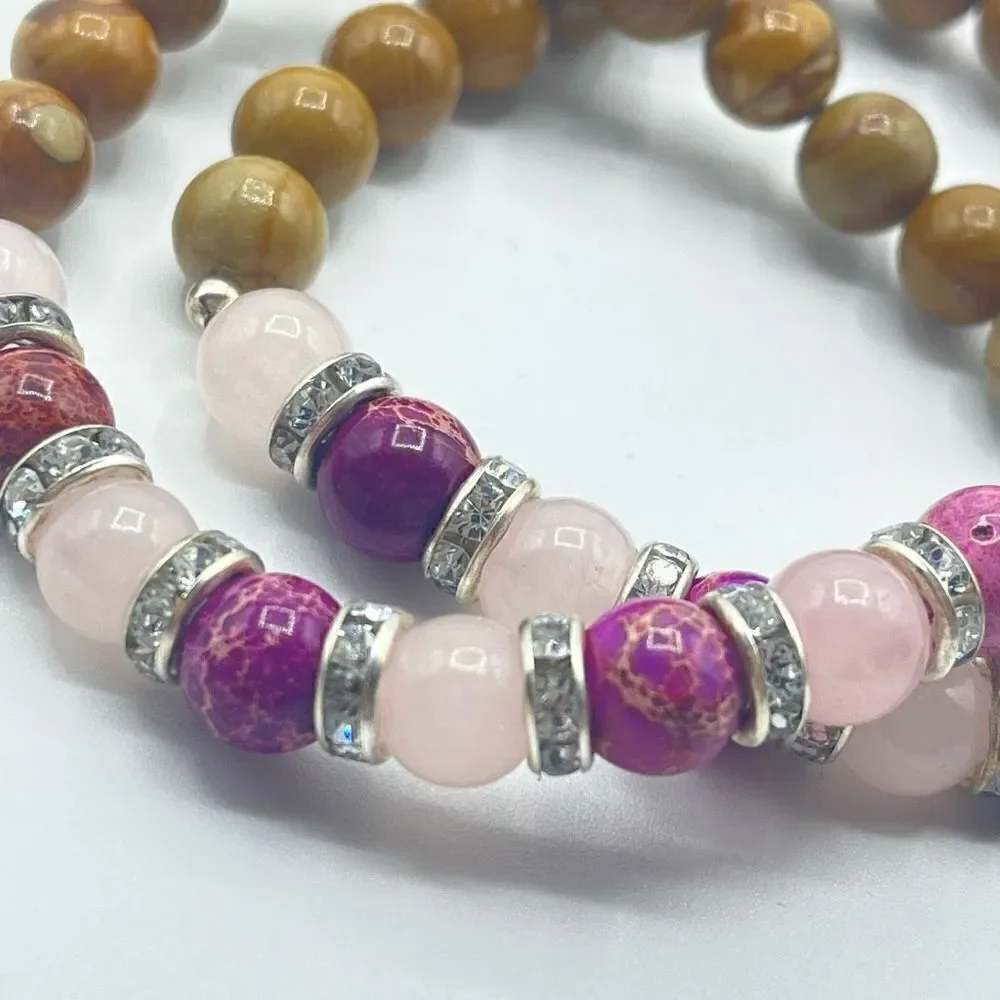 Rose quartz rose imperial jasper wood grain beaded stretch bracelet ONE NEW crys